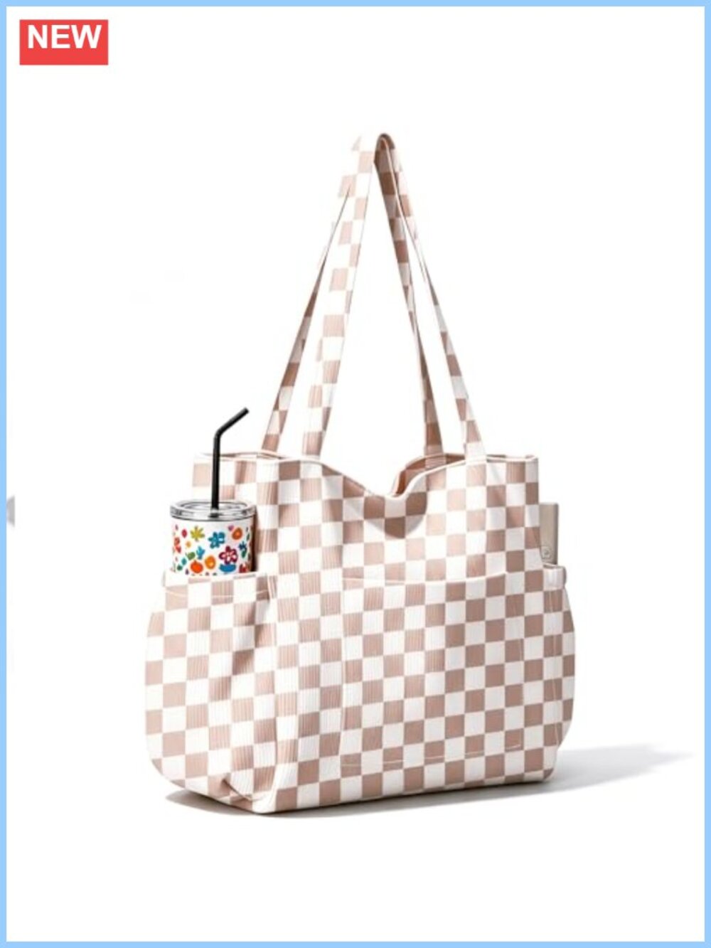 Women's Corduroy Tote Bag Multi-Pocket Shoulder Work Bag Laptop Holder